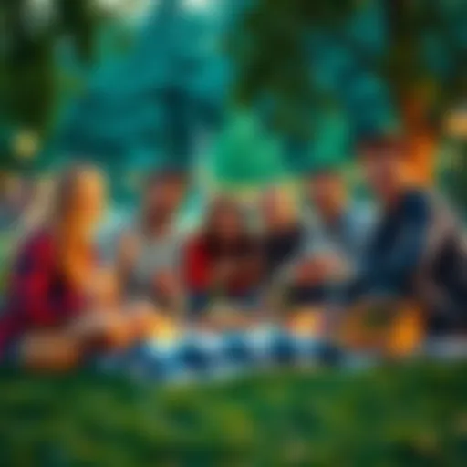 A group of friends having a picnic with food and drinks in a park, smiling and relaxing together