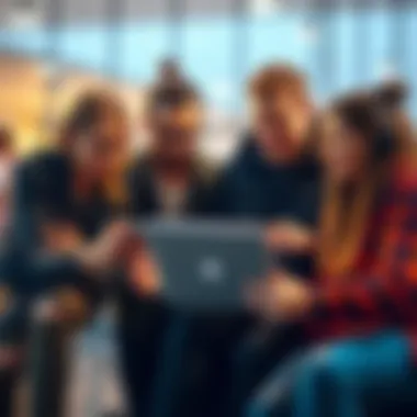 A group of friends discussing Bitcoin while using a smartphone and laptop, showcasing social interaction around cryptocurrency.