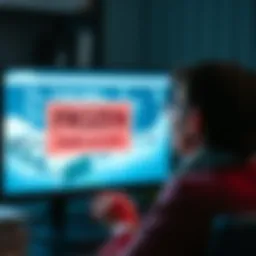 A concerned businessperson looks at a computer screen displaying a frozen account notification, showing a significant amount of money held up, with bills and invoices stacked nearby.
