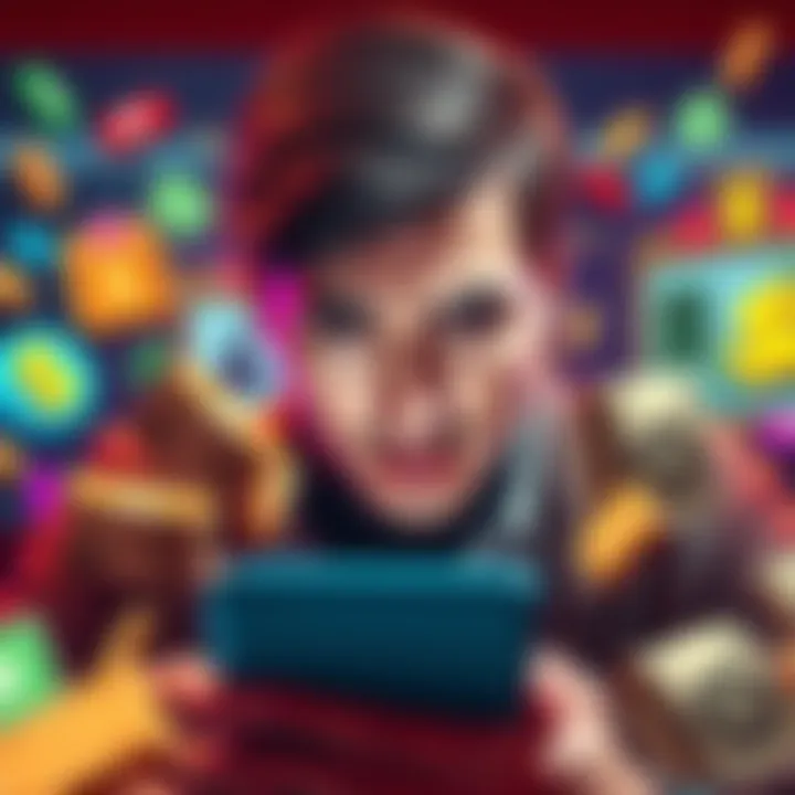 A person looks frustrated while playing a subscription minigame on a smartphone, with symbols of money and game icons around them.