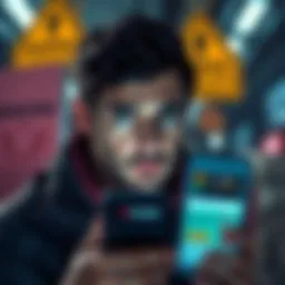 A Canadian person looking concerned while holding a phone showing a Kraken app, with warning signs in the background.