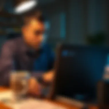 Frustrated Coinbase Customer A customer looks distressed while checking his Coinbase account on a laptop, showing a message about stuck funds. Empty coffee cup and paperwork are on the desk.