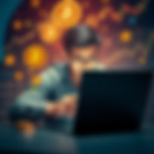 A person looking frustrated while using a laptop, surrounded by cryptocurrency symbols and charts, representing issues with account verification.