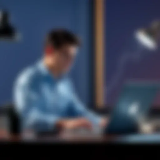A person sitting at a desk looking frustrated while using a laptop with Coinbase's logo on the screen, depicting issues with customer service and locked accounts.