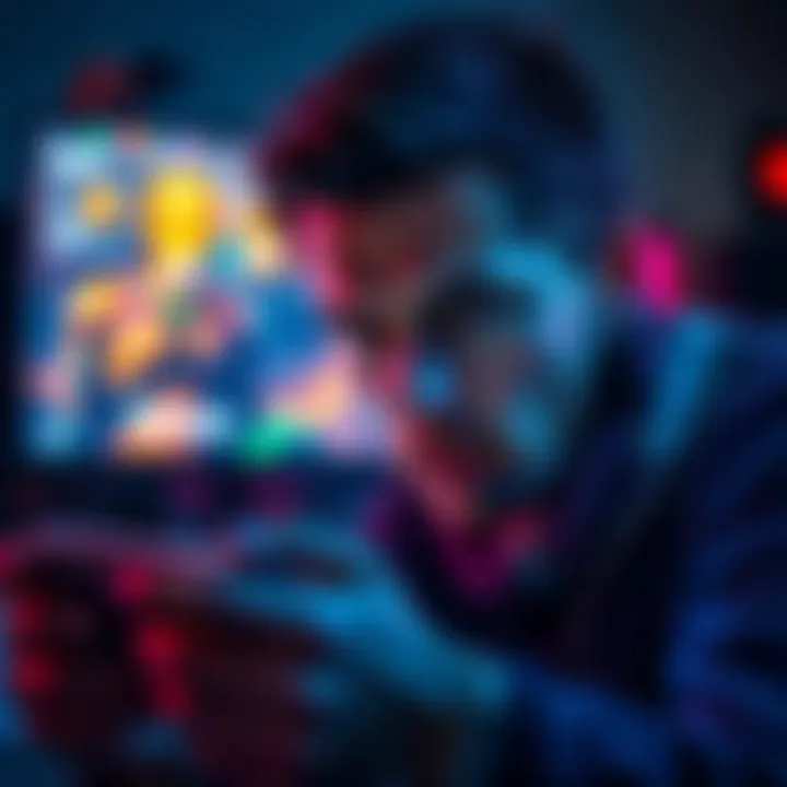 A gamer looking annoyed while staring at an ad screen on their device, disrupting gameplay.