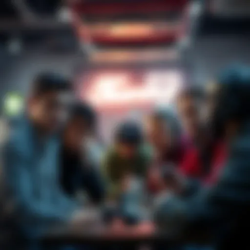 A group of gamers sitting together, showing expressions of frustration while discussing repetitive gameplay in a gaming café