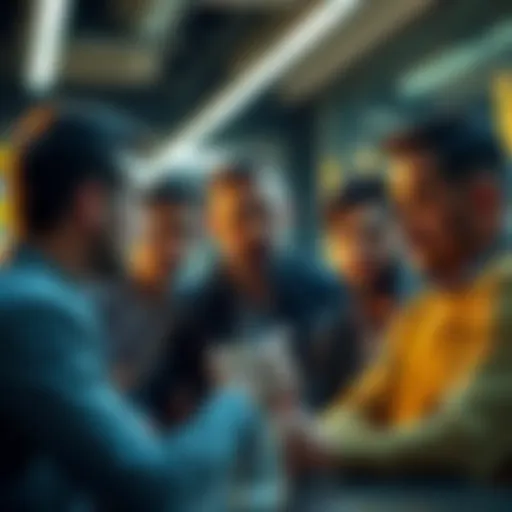A group of investors looking disappointed while discussing a specific cryptocurrency's lack of progress in a casual setting