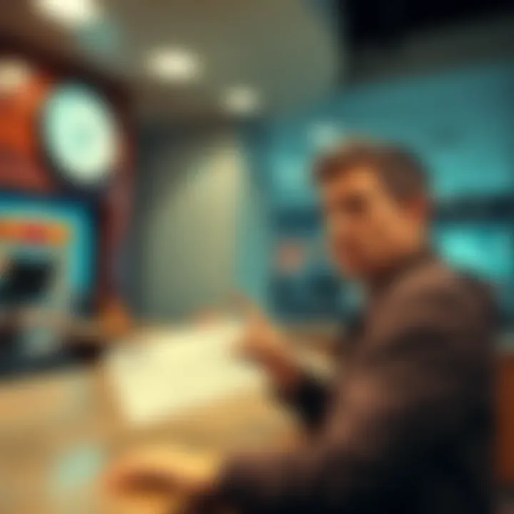 A person expressing frustration while looking at a bank counter, with a check in hand and a clock showing a long wait time in the background.