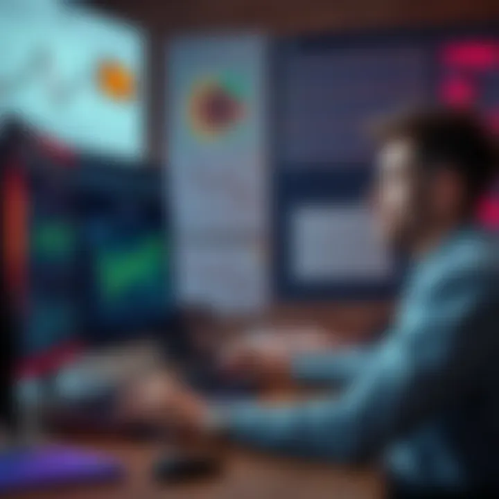 A person sitting at a desk, looking confused while examining complex Bitcoin buying options on a computer screen with charts and forms