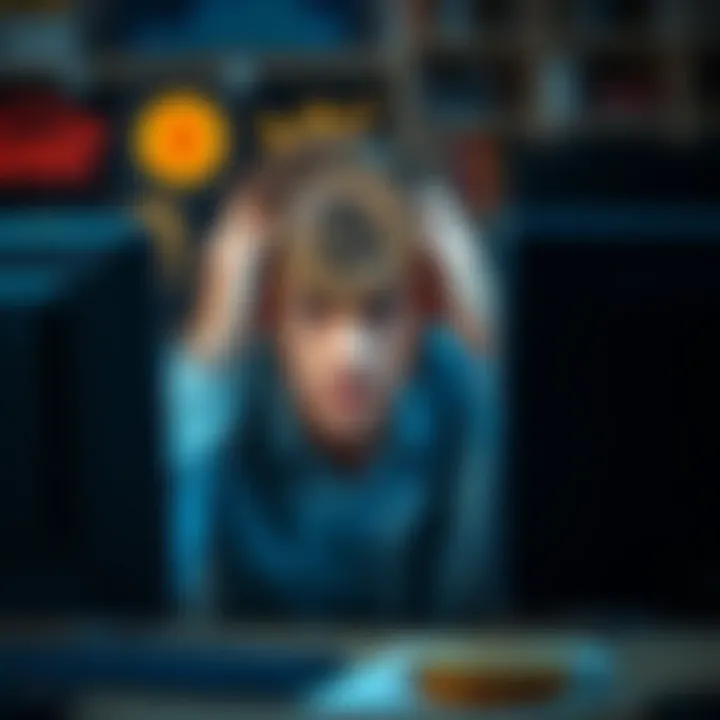 A person looks stressed at a computer, facing banking issues while attempting to purchase Bitcoin.