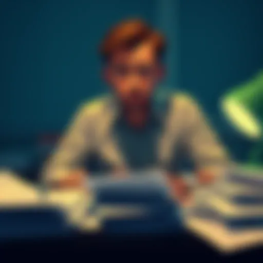 A person sitting at a desk surrounded by chargeback forms, showing frustration with a slow process.