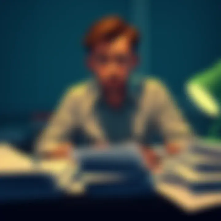 A person sitting at a desk surrounded by chargeback forms, showing frustration with a slow process.