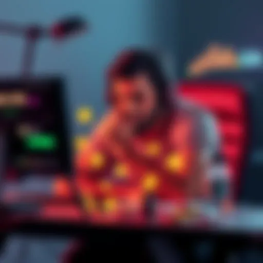 A person showing frustration while sitting at a desk with a computer, surrounded by digital tokens and gas fee notifications