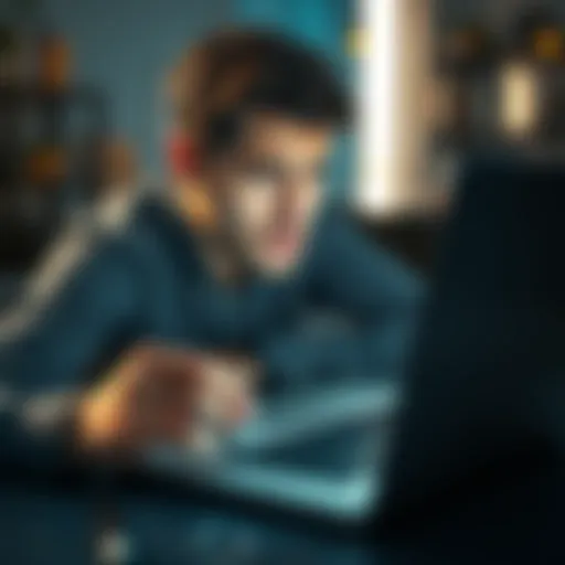 A person looking frustrated while trying to make a deposit on a laptop, showing a 'no results found' error message on the screen.