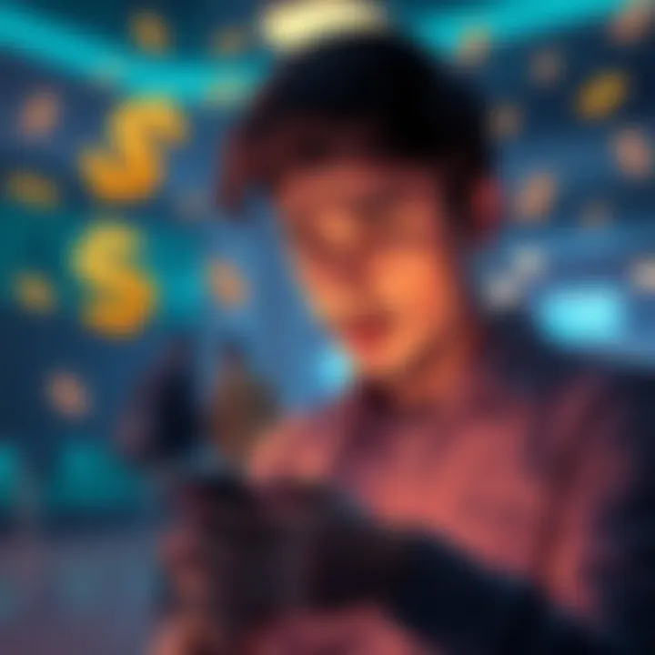 A person looking frustrated while checking their phone, indicating issues with high fees for fund transfers, surrounded by currency symbols