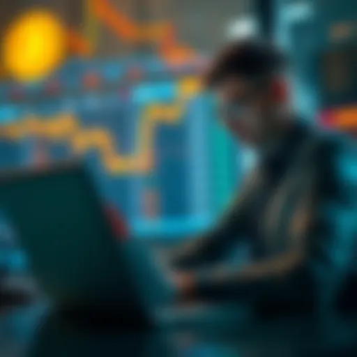 Trader looking frustrated at laptop with Bitcoin rates displayed on the screen