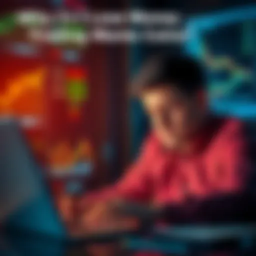 A newcomer to meme trading appears frustrated while analyzing trading charts and graphs on a laptop, symbolizing confusion over losses in meme coins.