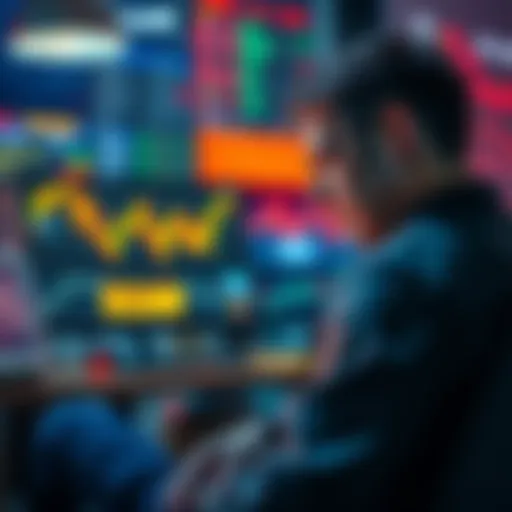 A trader shows frustration while examining a computer screen displaying cryptocurrency charts and scam alerts