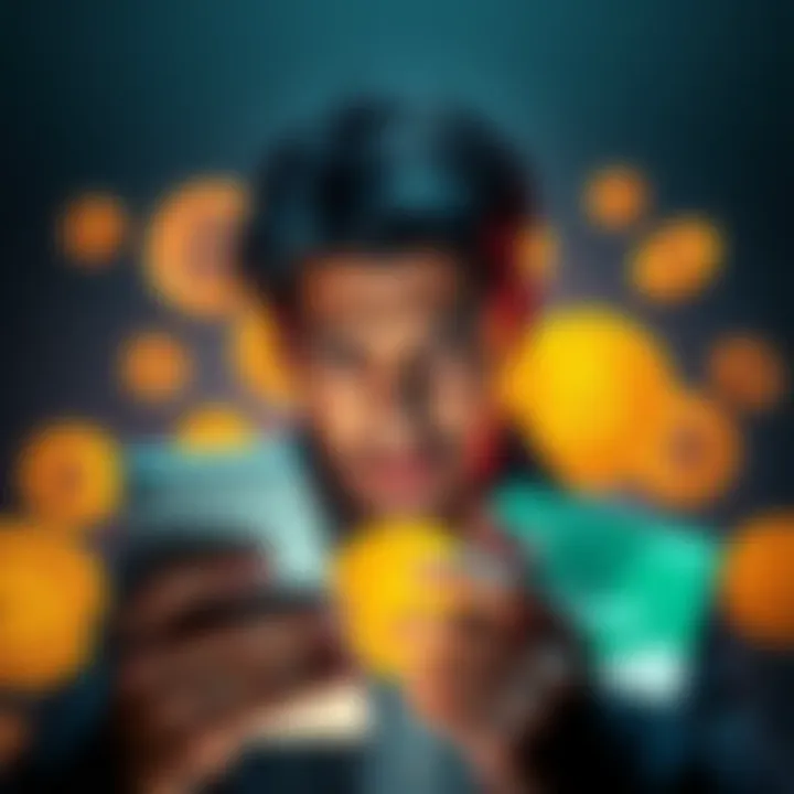 A person looking at their phone with a confused expression, surrounded by Bitcoin symbols and a Revolut card.