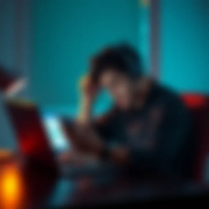 A frustrated person sitting at a desk with their laptop open, showing a support chat page for Kraken, while looking at their phone.