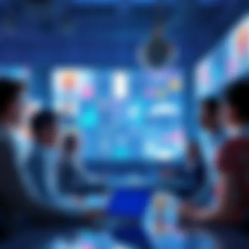 A group of diverse people discussing the latest trends while surrounded by digital screens showcasing new ideas and technology.