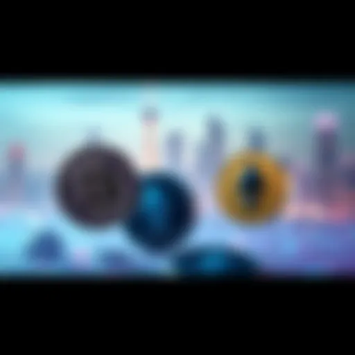 A digital representation of various cryptocurrencies symbolizing the future of money, including Bitcoin and Ethereum logos, with a futuristic city skyline in the background.