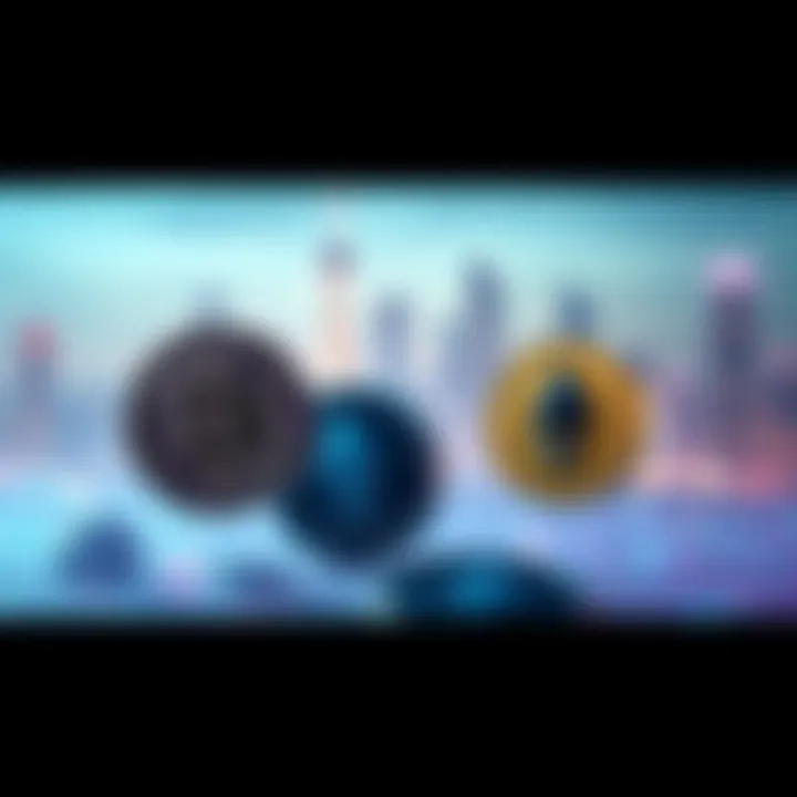 A digital representation of various cryptocurrencies symbolizing the future of money, including Bitcoin and Ethereum logos, with a futuristic city skyline in the background.