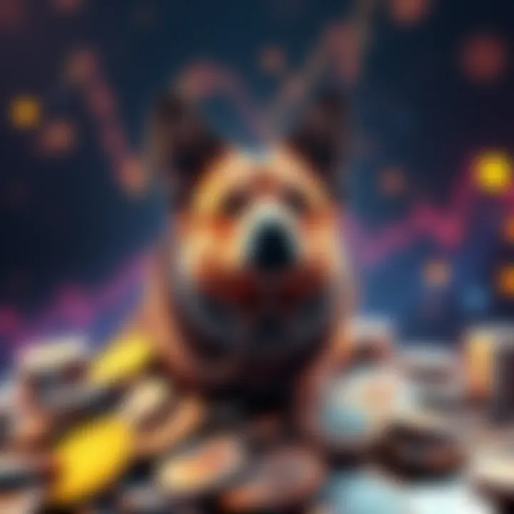 A digital representation of a dog with coins around it, symbolizing DOGE cryptocurrency's future in 2026.