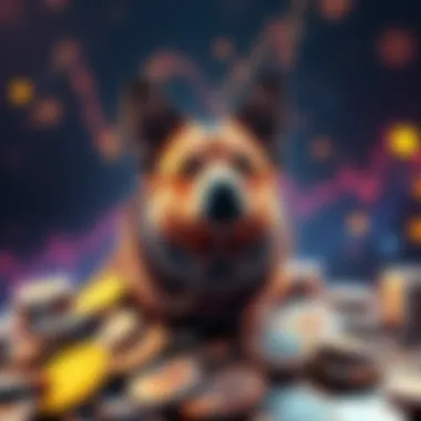 Future of DOGE A digital representation of a dog with coins around it, symbolizing DOGE cryptocurrency's future in 2026.
