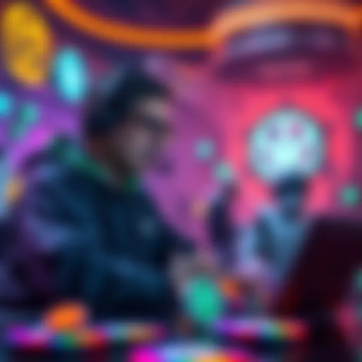Cannabisking42 discussing Galactic Council NFTs with colorful digital representations of the tokens in a lively setting