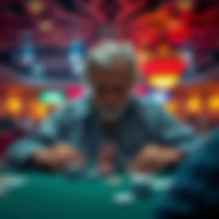 A long-time gambler with a somber expression, looking at a poker table filled with chips and cards, as he reflects on his losses and wishes his fellow players well.