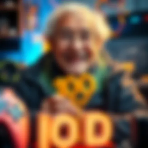 A joyful elderly gamer smiles while holding a trophy with the number 100 on it, surrounded by gaming gear and decorations.