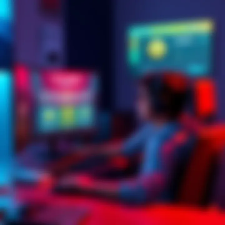 A gamer sitting at a desk, looking at a screen showing game options for tier jumping and collecting rewards, with parcels and points displayed.