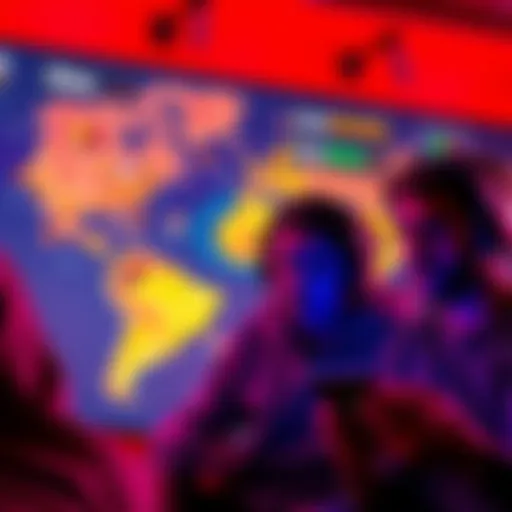 A group of players in Spain looking frustrated while playing Atlas Earth on their devices, contrasting with a vibrant map of the U.S. in the background showing higher rewards.