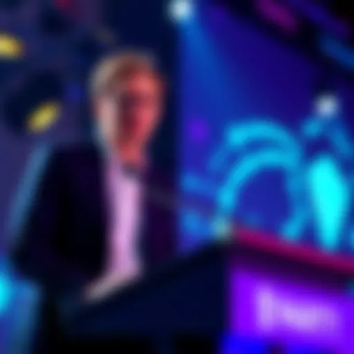 Gavin Wood speaking at a podium about blockchain innovation as the new CEO of Parity Technologies