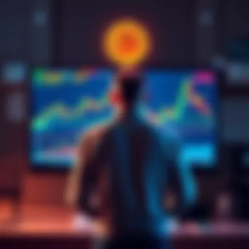 A smart person with a high IQ stands in front of a computer screen showing Bitcoin charts, representing a shift to digital currency.