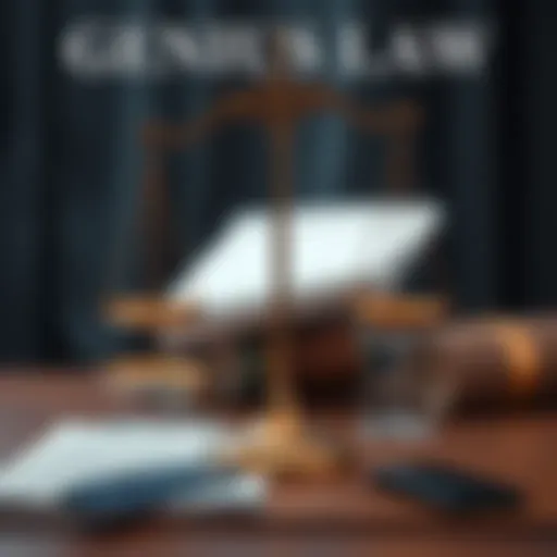 A representation of Genius Law with a scale balancing creativity and innovation against legal documents, symbolizing intellectual property rights.