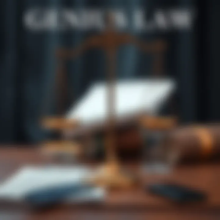 A representation of Genius Law with a scale balancing creativity and innovation against legal documents, symbolizing intellectual property rights.