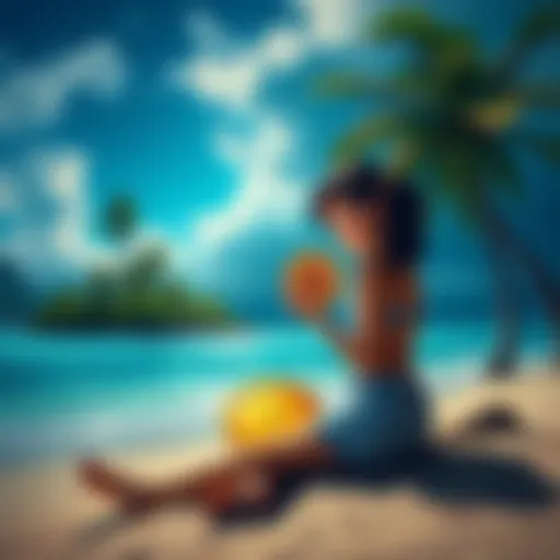 A girl sits on a beach holding a Bitcoin symbol, surrounded by tropical scenery as she prepares for her 21-day survival challenge.