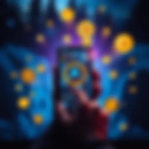 Person holding a smartphone showing GlacierDrop app on the screen while surrounded by digital currency symbols