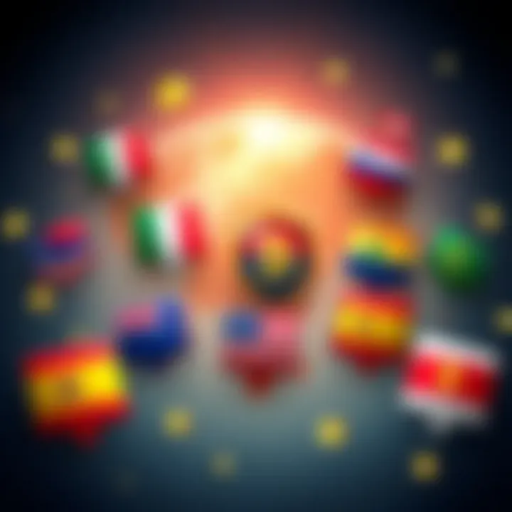Illustration showing flags of different countries with cryptocurrency symbols, signifying legal crypto transactions abroad despite local bans.
