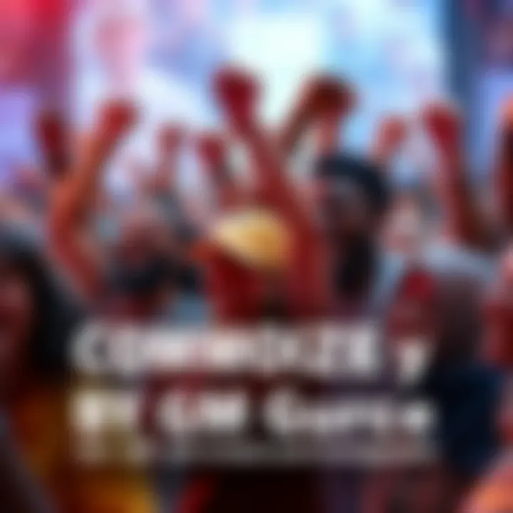 A diverse group of people celebrating and rallying together, showing enthusiasm for GM GM's return, with smiles and raised fists, highlighting unity and energy.