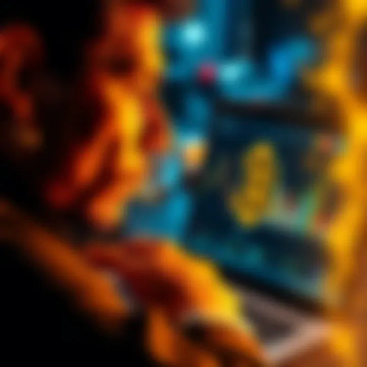 A person contemplating selling gold jewelry while looking at a Bitcoin symbol on a laptop screen, symbolizing investment choices.