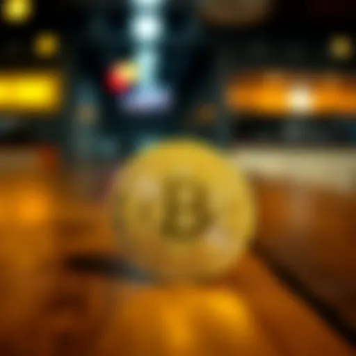 A gold-colored bitcoin token resembling a military challenge coin, placed on a wooden table with a blurred background.