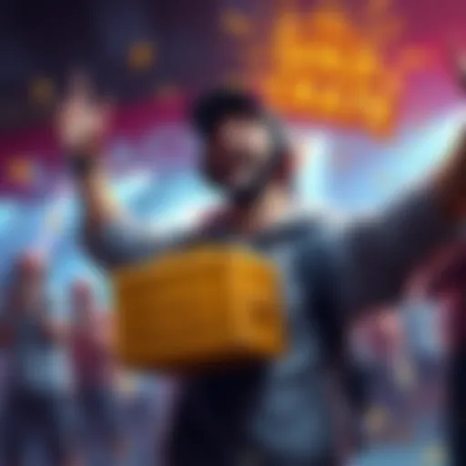 A gamer celebrating while holding a gold crate with excitement, showing joy and achievement.