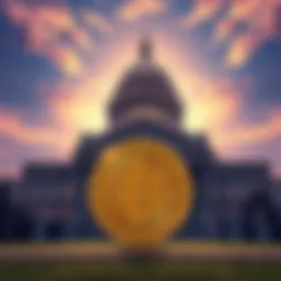 Illustration of a government building with a crypto coin in front, symbolizing the effect of government shutdown on cryptocurrency ETFs.
