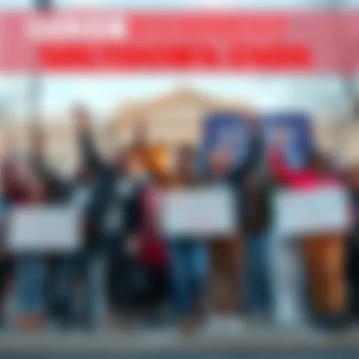 A group of diverse people celebrating outside a government building after the shutdown ends, holding signs of relief and hope.