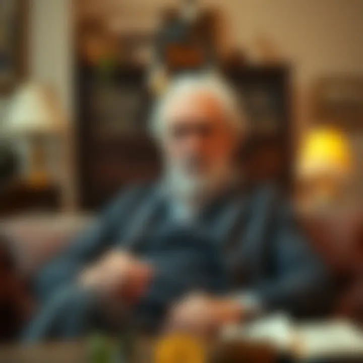 An elderly man expressing his skepticism about Bitcoin, sitting in a cozy living room with vintage decor and a thoughtful expression.