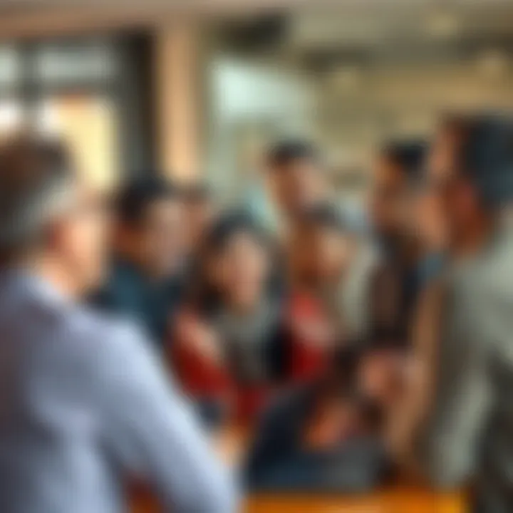 A diverse group of people engaged in a lively discussion, showcasing varied expressions and gestures.