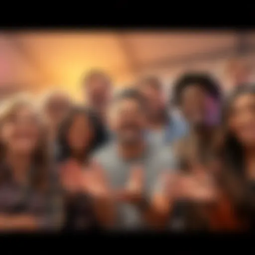 A diverse group of people gathered together, smiling and showing enthusiasm for innovation and change, with a bright future ahead in the background.